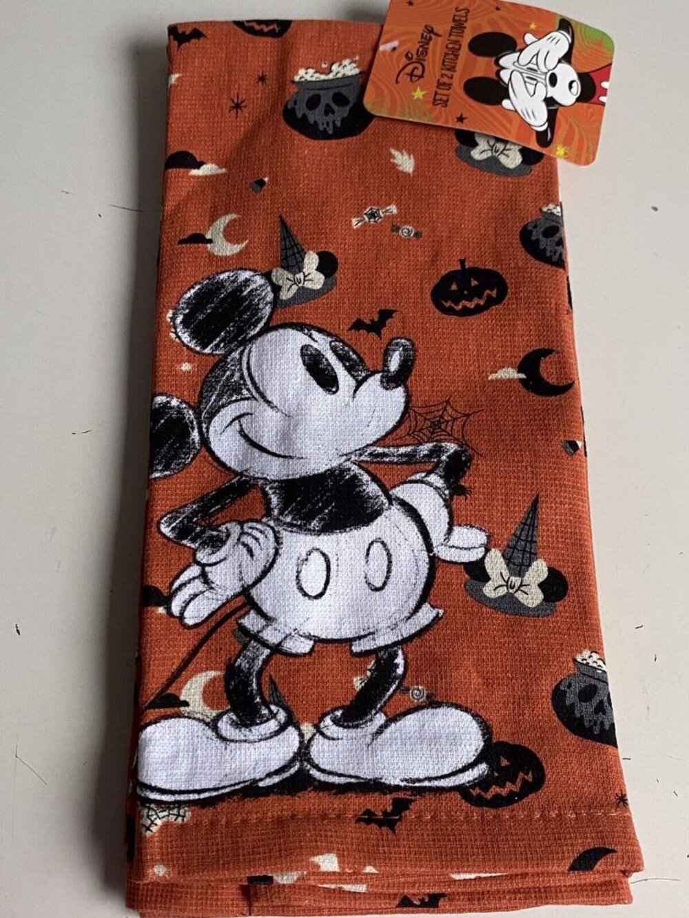 2 Pack Disney Mickey Mouse Halloween Kitchen Towels Jack O Lantern Witch Hat NEW